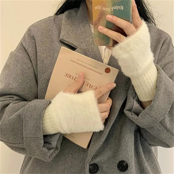 Women Faux Fur Fingerless Gloves Winter Warm Stylish
