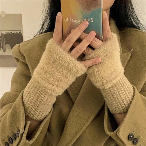Women Faux Fur Fingerless Gloves Winter Warm Stylish