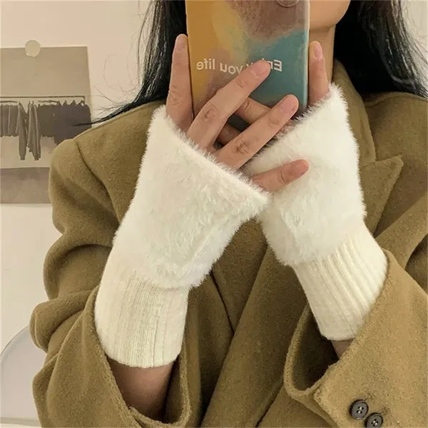 Women Faux Fur Fingerless Gloves Winter Warm Stylish