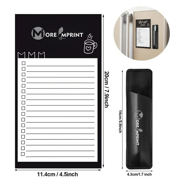 Magnetic Fridge Note Pad List w/ Leather Pen Holder Marker