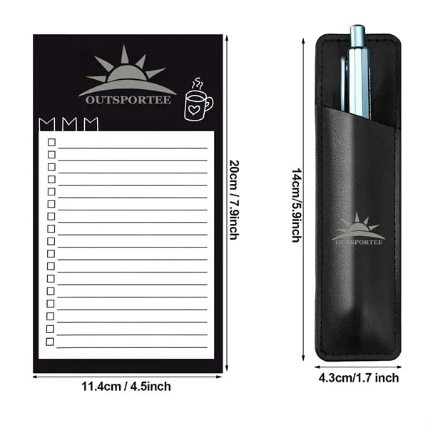 Magnetic Fridge Note Pad List w/ Leather Pen Holder Marker