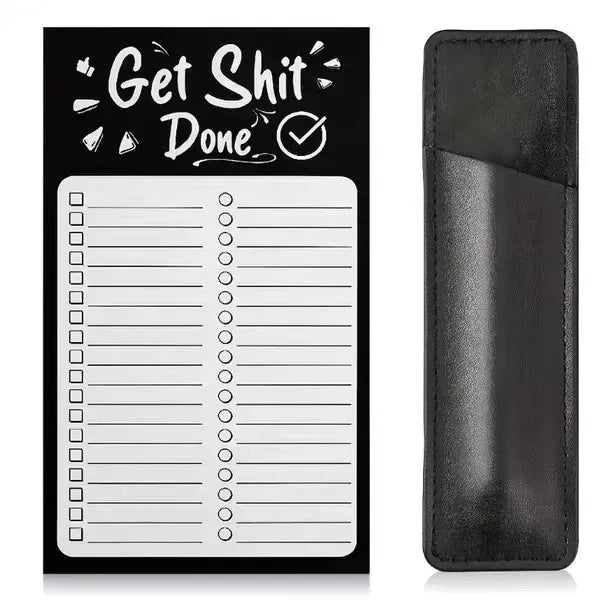 Magnetic Fridge Note Pad List w/ Leather Pen Holder Marker