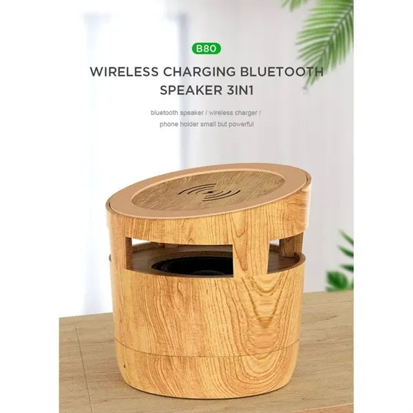 2 in 1 Wood Grain Wireless Charger with Bluetooth Speaker