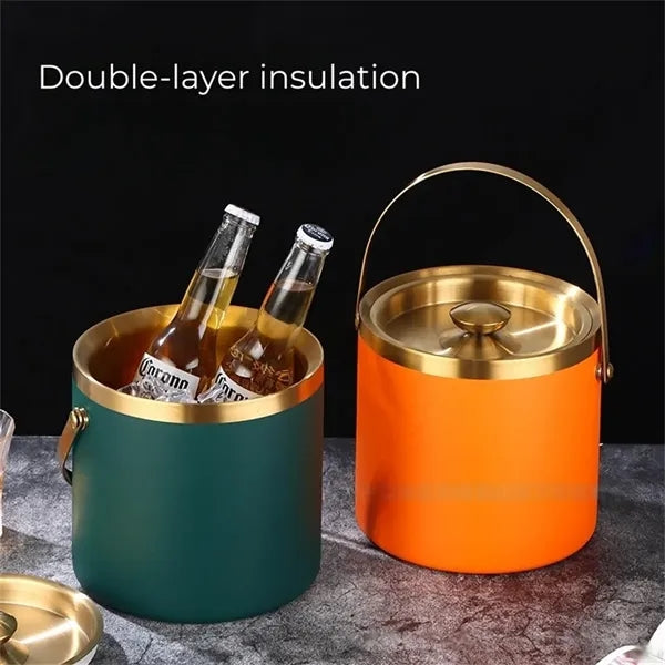 3L Double-Layer Insulated Ice Bucket with Lid Tongs Chiller