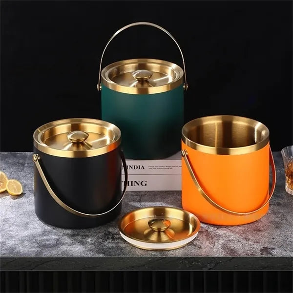 3L Double-Layer Insulated Ice Bucket with Lid Tongs Chiller