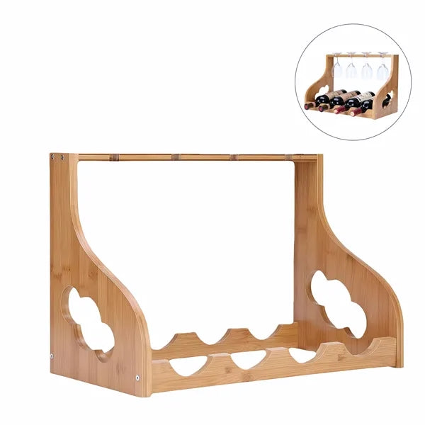 4 Red Wine Bottle Glass Bamboo Display Rack