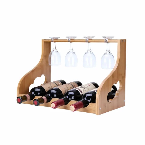 4 Red Wine Bottle Glass Bamboo Display Rack