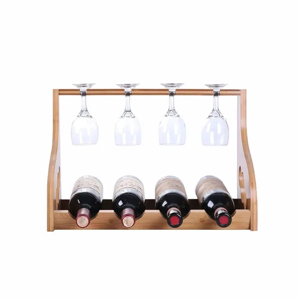 4 Red Wine Bottle Glass Bamboo Display Rack