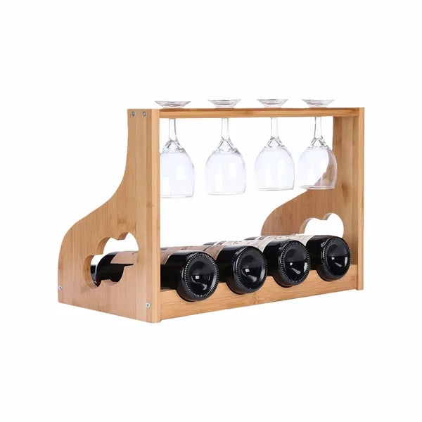 4 Red Wine Bottle Glass Bamboo Display Rack