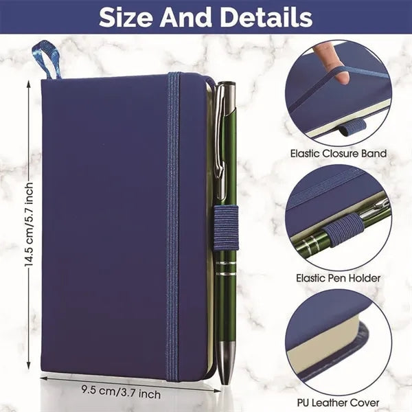 A6 PU Leather Small Notebook Ruled Notepad With Pen Holder &
