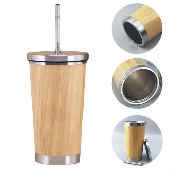 15oz Stainless Steel Bamboo Tumbler With Straw