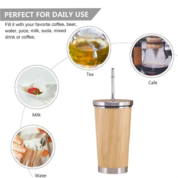 15oz Stainless Steel Bamboo Tumbler With Straw