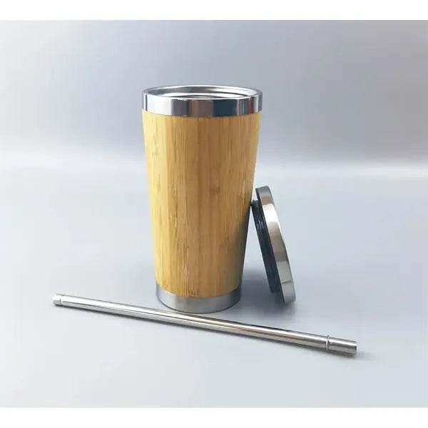 15oz Stainless Steel Bamboo Tumbler With Straw