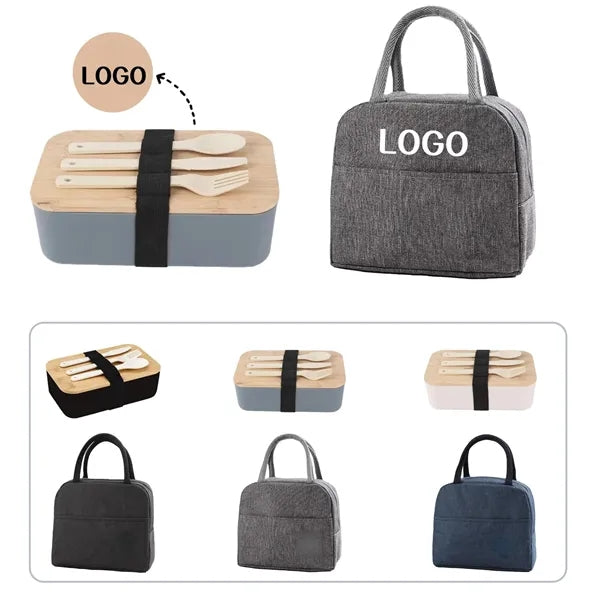 Compartmental Bamboo Lid Lunch Box With Insulated Bag Set