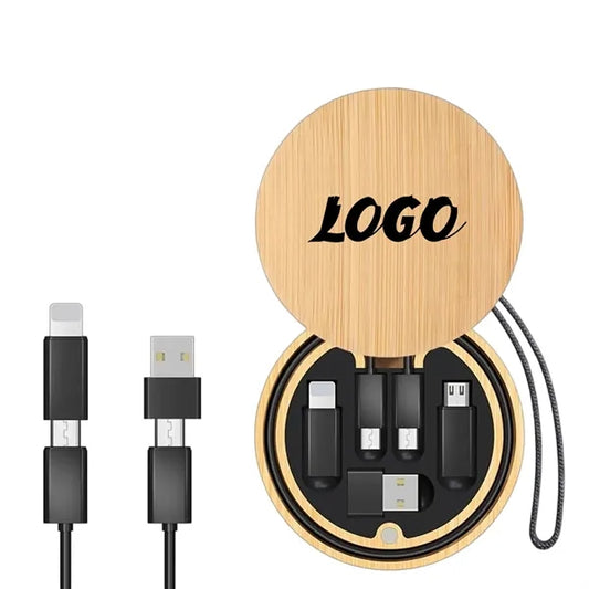 Round Bamboo Multi USB Charging Adapter Cable Kit