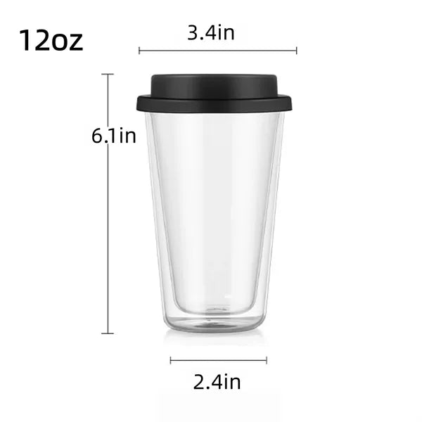 12oz Double Walled Glass Coffee Mugs with Silicone Lids