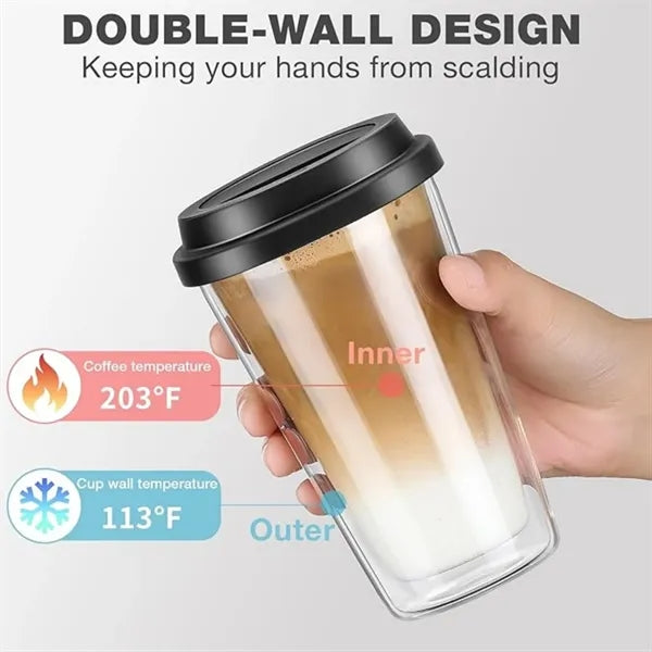 12oz Double Walled Glass Coffee Mugs with Silicone Lids