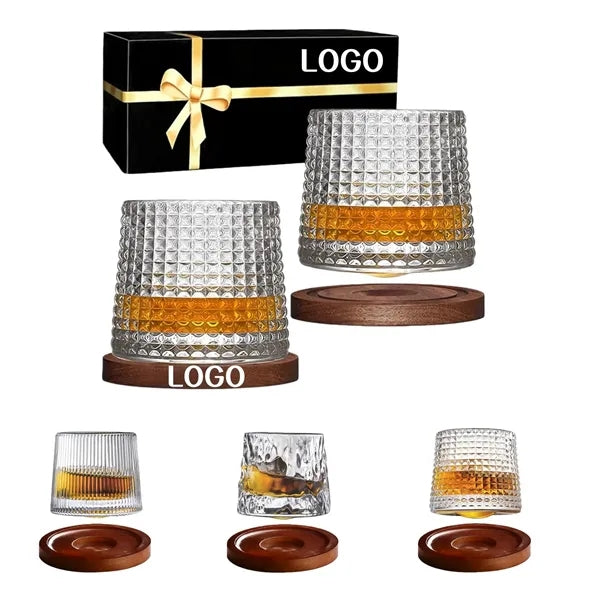 Rotatable Tumbler Crystal Glass Cups with Coasters and Box