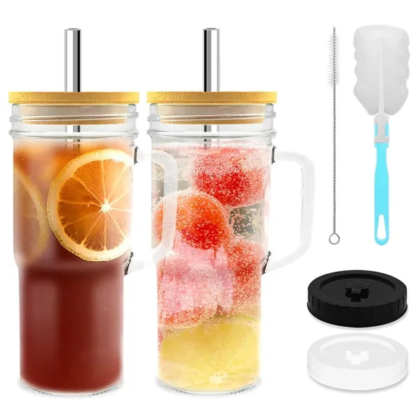 Glass Cups Bamboo Lids and Straws Tumbler with Handle