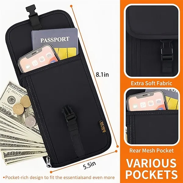 Travel Neck Wallet with Double Zipper Blocking Passport Hold