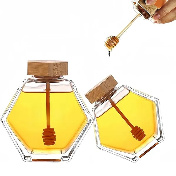 Honey Pot Glass with Wooden Dipper Container Storage