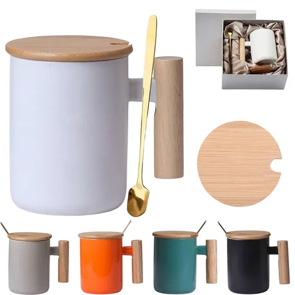 13oz Wooden Handle Coffee Mug With Stir Spoon