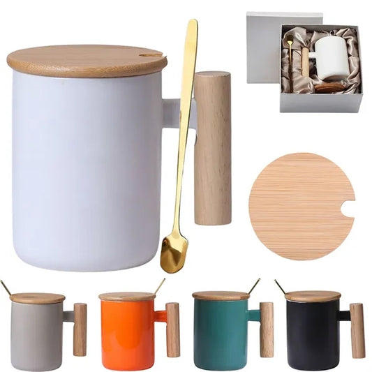 13oz Wooden Handle Coffee Mug With Stir Spoon