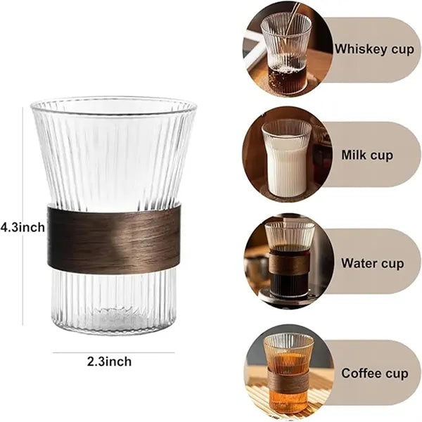 Glass Coffee Cup Ribbed Glassware With wooden anti-slip ring