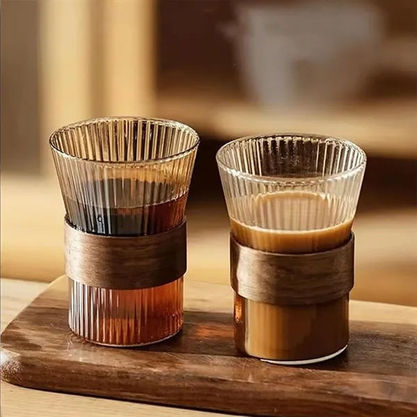 Glass Coffee Cup Ribbed Glassware With wooden anti-slip ring