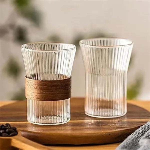 Glass Coffee Cup Ribbed Glassware With wooden anti-slip ring