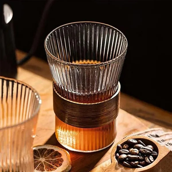 Glass Coffee Cup Ribbed Glassware With wooden anti-slip ring