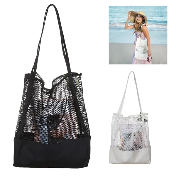 Mesh Bag Canvas Beach Tote Shoulder Handbag Foldable