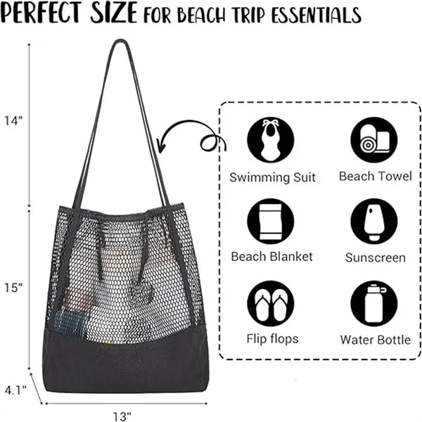 Mesh Bag Canvas Beach Tote Shoulder Handbag Foldable