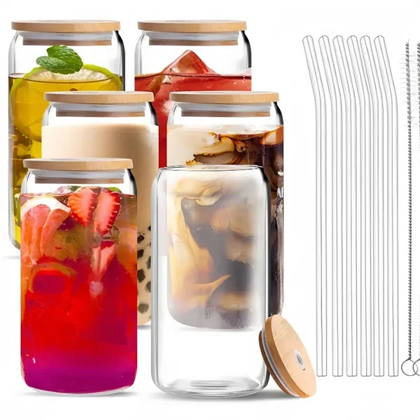 16 oz Drinking Glasses with Bamboo Lids and Glass Straw