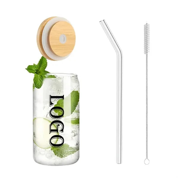 16 oz Drinking Glasses with Bamboo Lids and Glass Straw