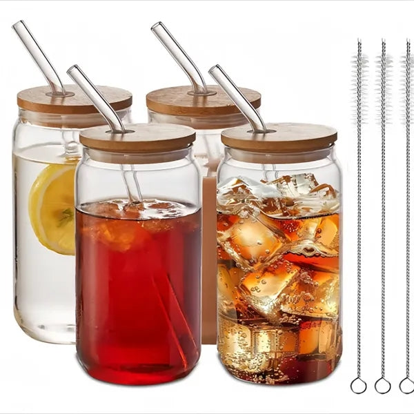 16 oz Drinking Glasses with Bamboo Lids and Glass Straw