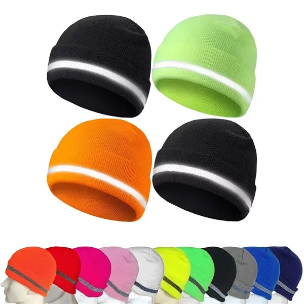 Safety Beanie Unisex Knit Cap with Reflective Stripe