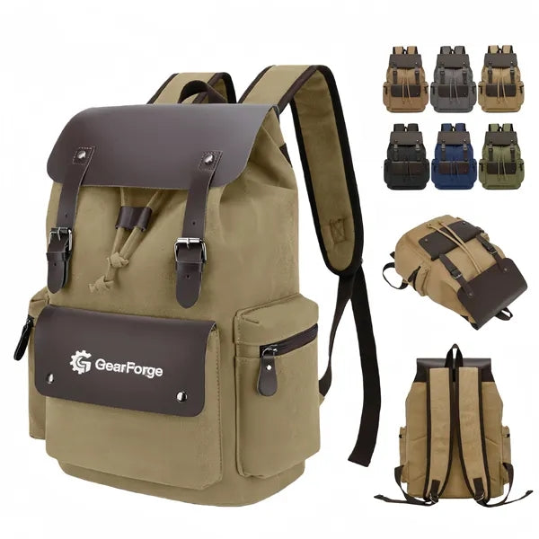 Vintage Canvas Backpack With Leather Trim And Large Capacity