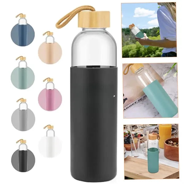 17oz Durable Leak-Proof Glass Water Bottle with Wooden Lid