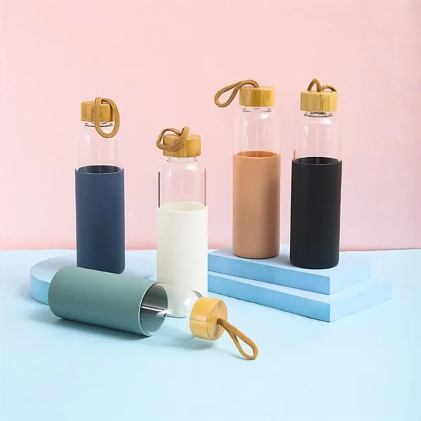 17oz Durable Leak-Proof Glass Water Bottle with Wooden Lid