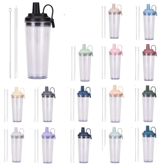 Double Layer Plastic Straw Cup With Magnetic Handle