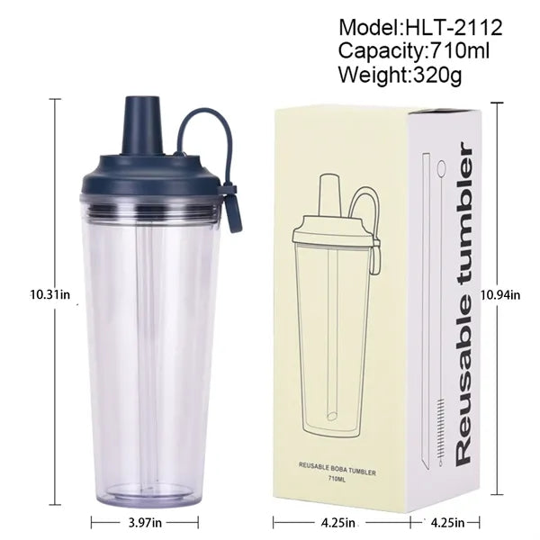 Double Layer Plastic Straw Cup With Magnetic Handle