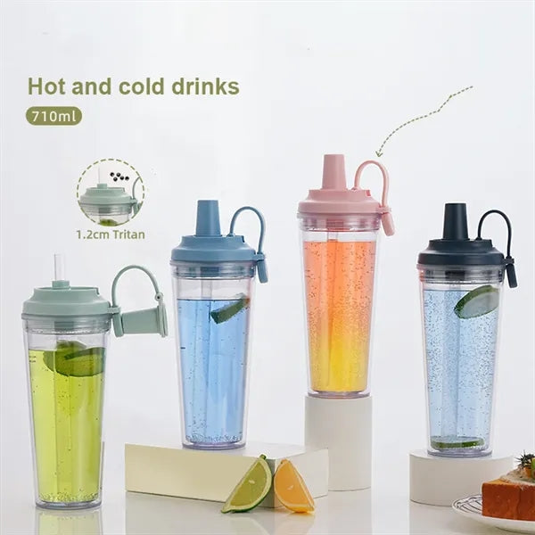 Double Layer Plastic Straw Cup With Magnetic Handle
