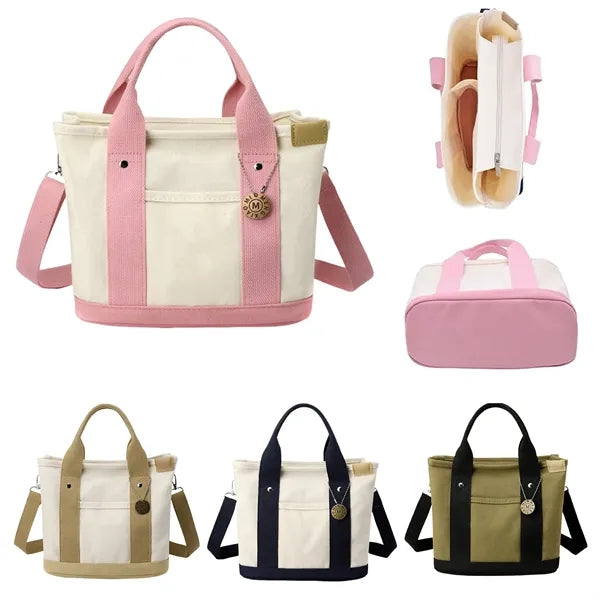 Small Canvas Crossbody Tote Bag With Zipper