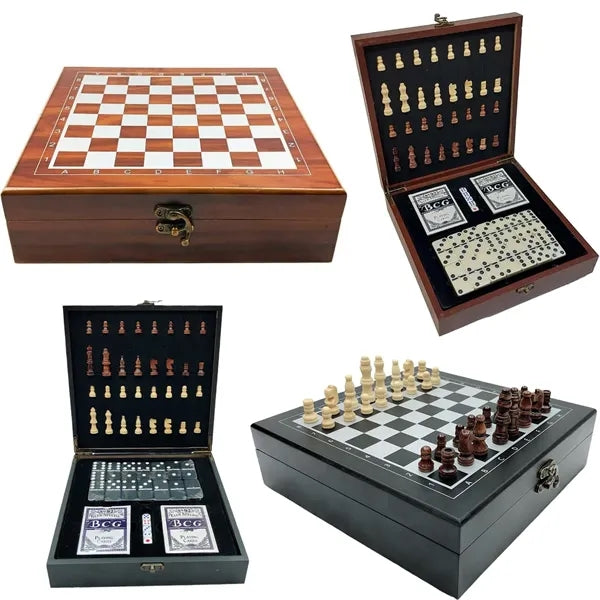 Portable 4-in-1 Wooden Chess Domino Poker Dice Set