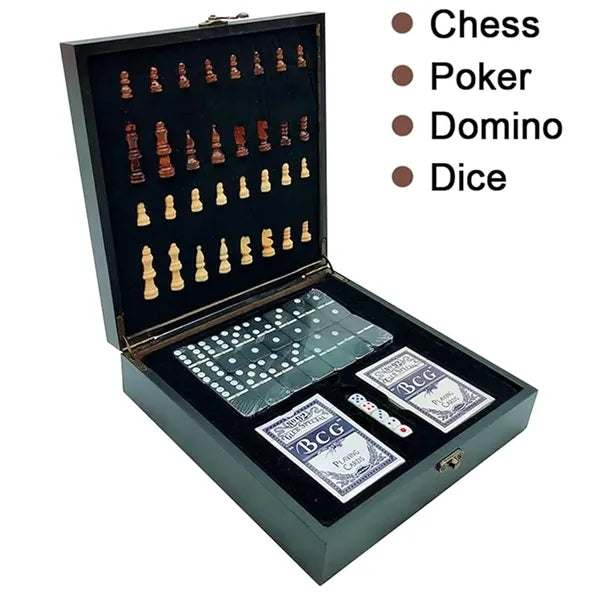 Portable 4-in-1 Wooden Chess Domino Poker Dice Set