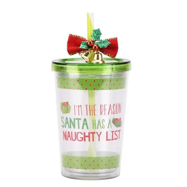 10oz Christmas Double Layer Plastic Straw Mug Gifting Handy