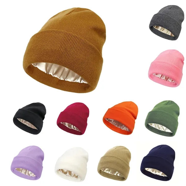 Satin Lined Slouchy Beanie Soft Knit Winter Hat