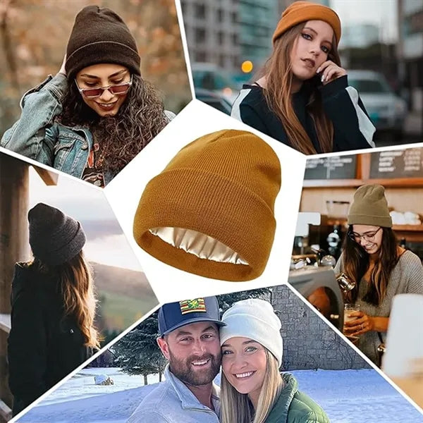 Satin Lined Slouchy Beanie Soft Knit Winter Hat