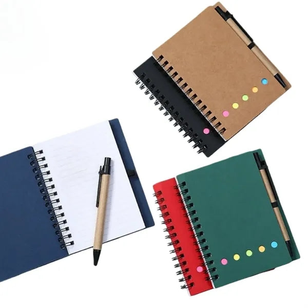 Kraft Paper Cover Spiral Notebook with Sticky Notes and Pen